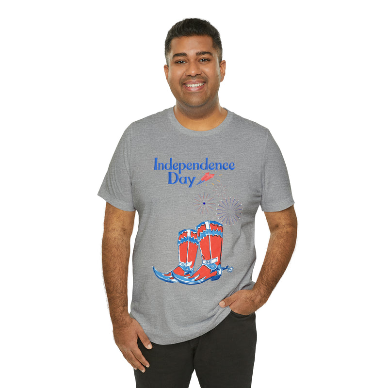 Happy Independence Day Red, White and Blue Cowboy Boots 4th of July Short Sleeve T-Shirt