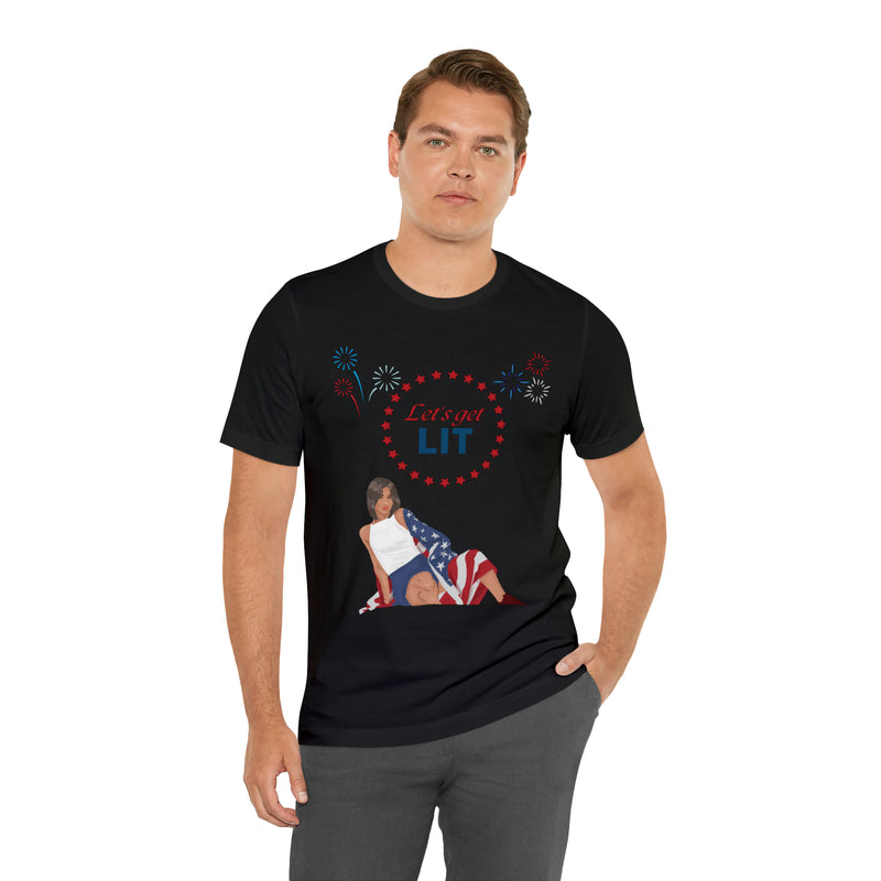 Let's Get Lit Lady Flags and Fireworks 4th of July Short Sleeve T-Shirt