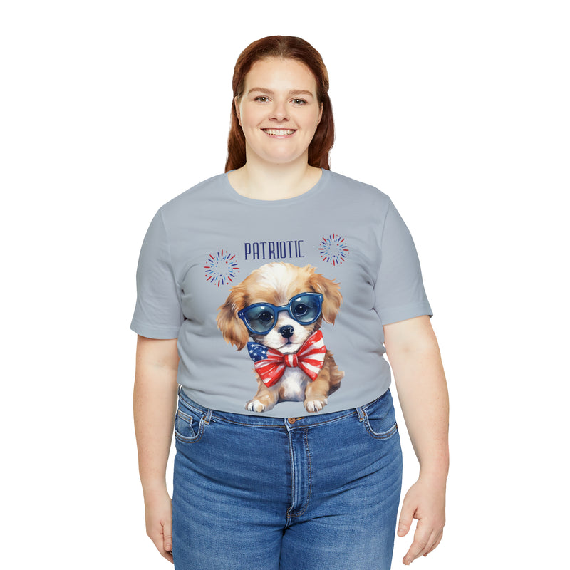 Cute Brave and Free Patriotic Dog on the 4th of July Short Sleeve T-Shirt