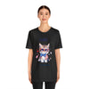 Curious and Cute Brave and Free Patriotic Cat Celebrating the 4th of July Short Sleeve T-Shirt