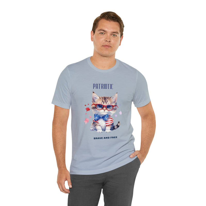 Curious and Cute Brave and Free Patriotic Cat Celebrating the 4th of July Short Sleeve T-Shirt