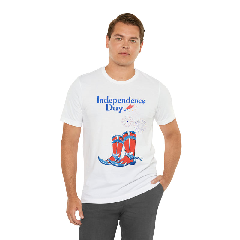 Happy Independence Day Red, White and Blue Cowboy Boots 4th of July Short Sleeve T-Shirt