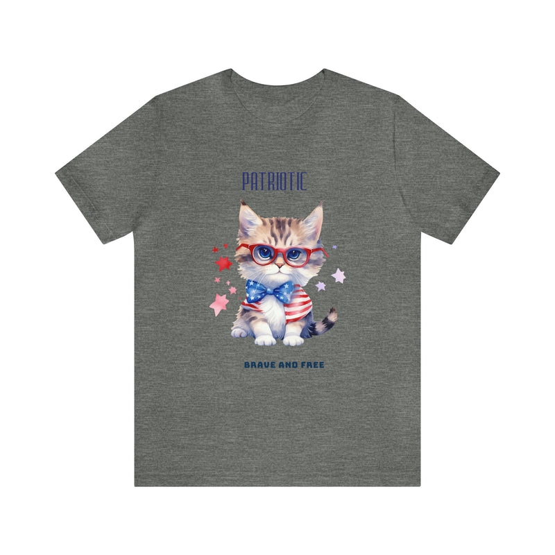 Curious and Cute Brave and Free Patriotic Cat Celebrating the 4th of July Short Sleeve T-Shirt