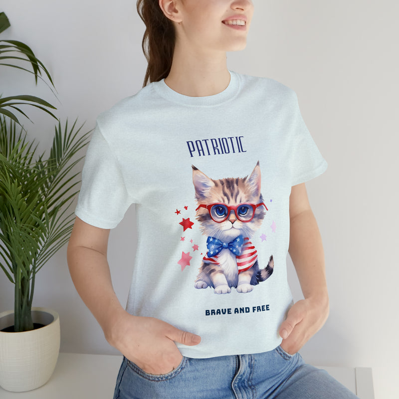 Curious and Cute Brave and Free Patriotic Cat Celebrating the 4th of July Short Sleeve T-Shirt