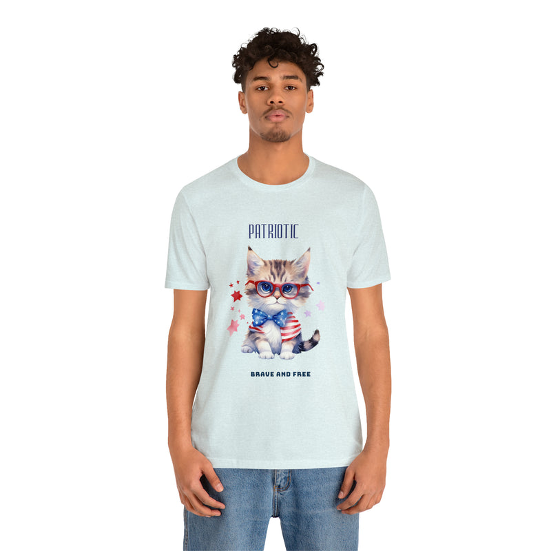 Curious and Cute Brave and Free Patriotic Cat Celebrating the 4th of July Short Sleeve T-Shirt