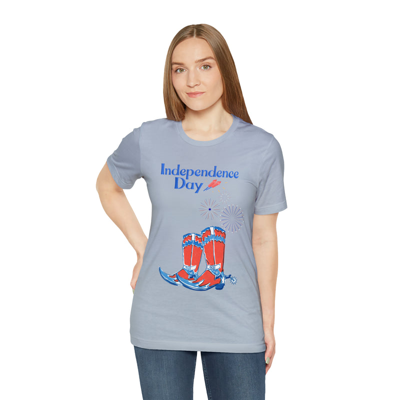 Happy Independence Day Red, White and Blue Cowboy Boots 4th of July Short Sleeve T-Shirt