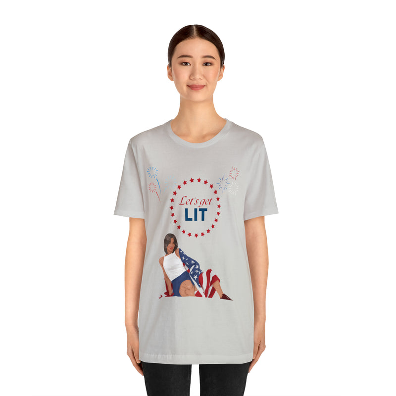 Let's Get Lit Lady Flags and Fireworks 4th of July Short Sleeve T-Shirt