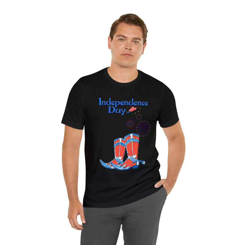 Happy Independence Day Red, White and Blue Cowboy Boots 4th of July Short Sleeve T-Shirt