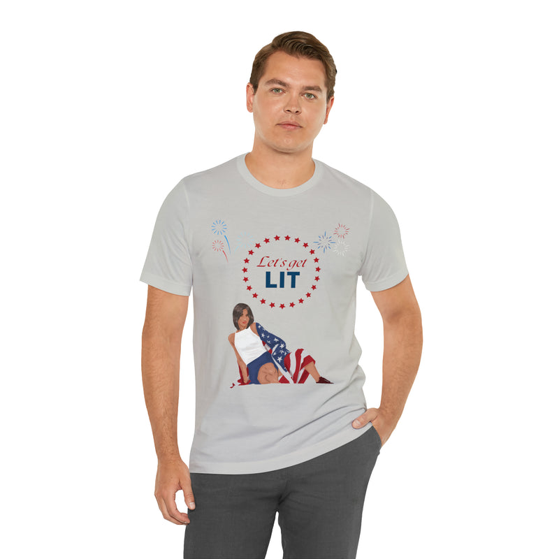 Let's Get Lit Lady Flags and Fireworks 4th of July Short Sleeve T-Shirt