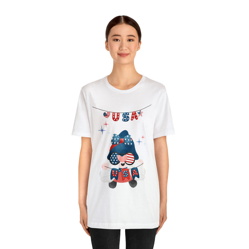 USA Patriotic Gnome Celebrating the 4th of July Short Sleeve T-Shirt