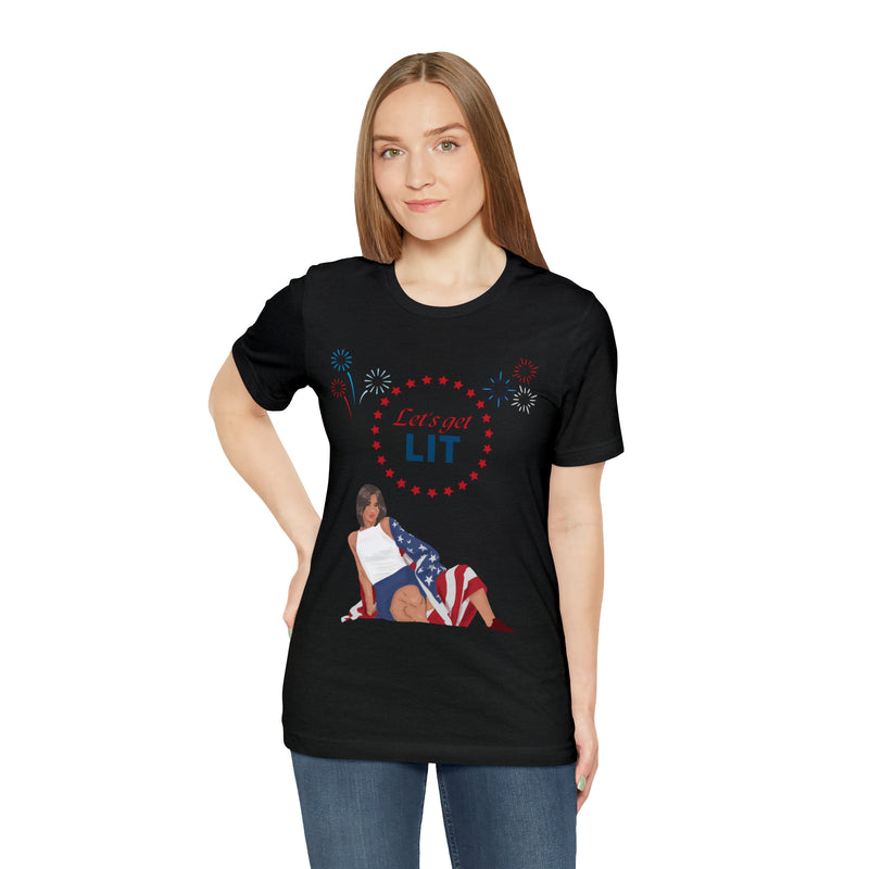 Let's Get Lit Lady Flags and Fireworks 4th of July Short Sleeve T-Shirt