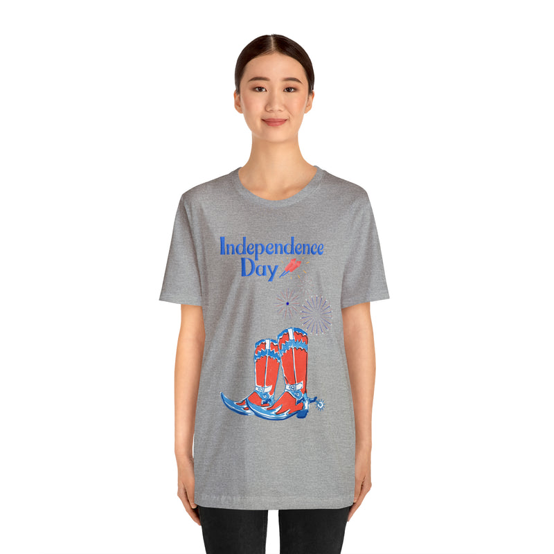 Happy Independence Day Red, White and Blue Cowboy Boots 4th of July Short Sleeve T-Shirt