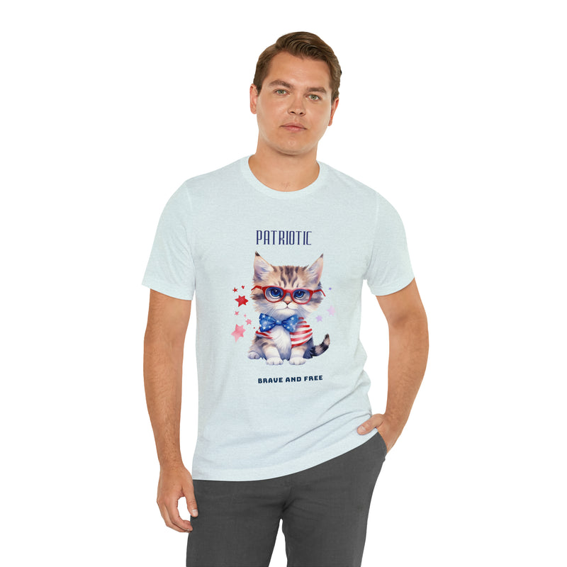 Curious and Cute Brave and Free Patriotic Cat Celebrating the 4th of July Short Sleeve T-Shirt