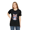 Curious and Cute Brave and Free Patriotic Cat Celebrating the 4th of July Short Sleeve T-Shirt