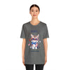 Curious and Cute Brave and Free Patriotic Cat Celebrating the 4th of July Short Sleeve T-Shirt